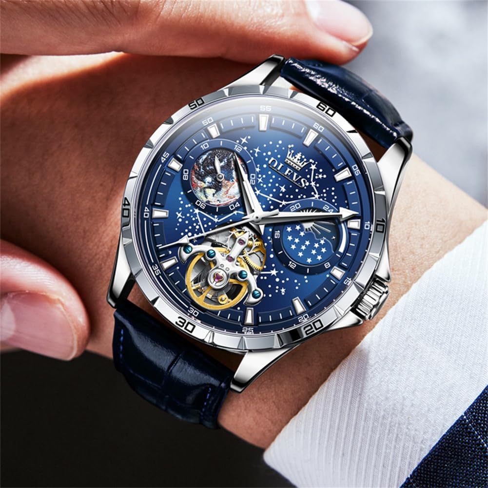 OLEVS Men's Cool Starry Sky Wristwatch, Automatic Mechanical Movement, Luxury Leather Strap, Skeleton Design, Waterproof…