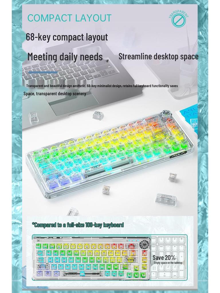 AULA Wolf Spider F68 Transparent Bluetooth Wireless Mechanical Keyboard, Three-Mode, Hot-Swappable Ice Soul Switches