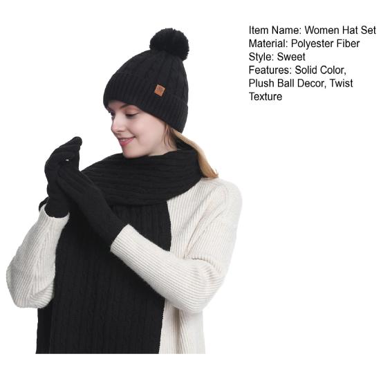 3Pcs/Set Women Hat Scarf Gloves Set Solid Color Twist Texture Thermal Lining Pompon Design Knitting Hat Long Scarf Gloves Set