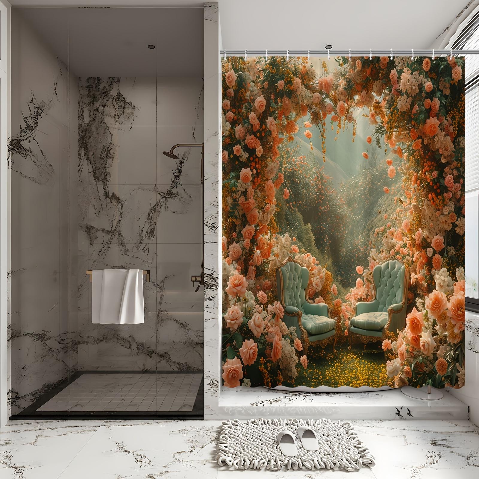 

Romantic Garden Shower Curtain - Luxurious Floral & Vintage Chairs Theme For Bathroom Decor, Adds Elegance And Beauty W60H190(CM)-1 Pcs
