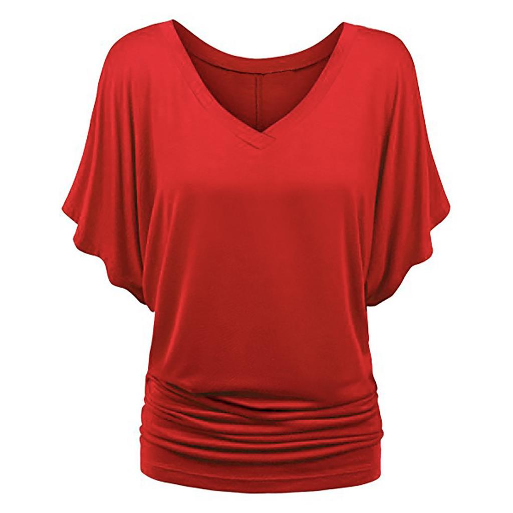 Large Size Top Women's Solid Loose Bat Sleeve V-neck Short Sleeve T-shirt