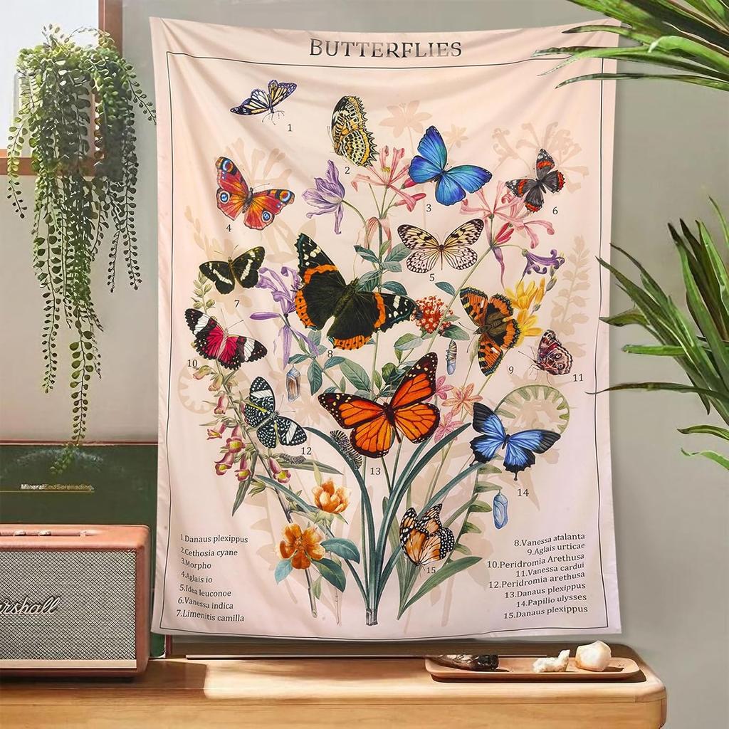 Zussun Butterfly Tapestry Vertical Vintage Floral Tapestries for Bedroom Aesthetic Flower Plant Tapestrys Wall Hanging Retro Beige Cute Colorful Art