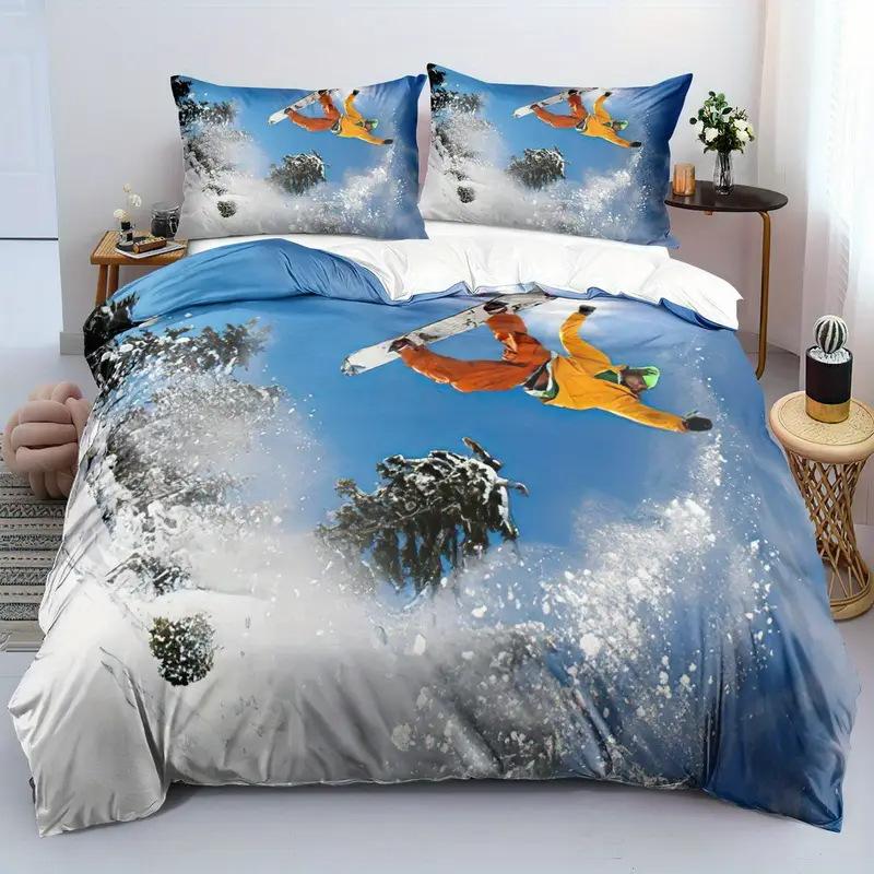 Ski Duvet Set Extreme Sports Themed Bedding Set Adult Youth Snow Mountain Printing Three-Piece Set