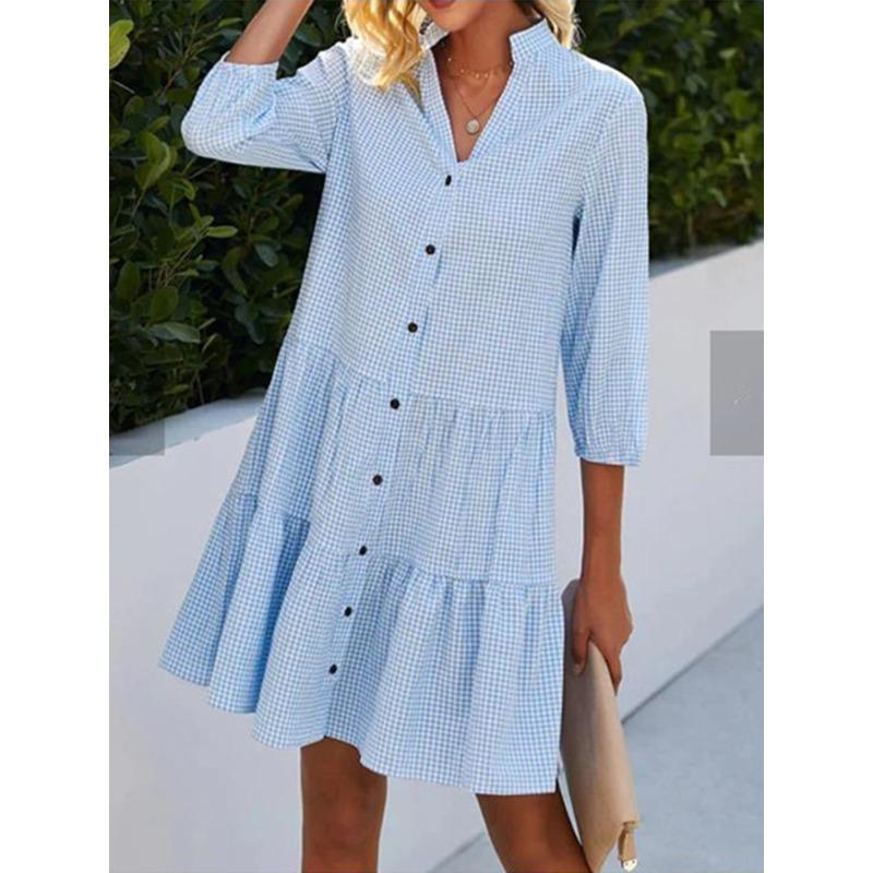 YYFS Women's Fashion Summer Spring Plaid Print 1/2 Sleeves Stand-collar Middle Waistline Casual Dresses