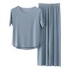 Summer Women Pajamas Seamless Ice Silk Round Neck Short Sleeve Solid Color Elastic Waist Wide Leg Loose Soft Breathable Homewear Top Pants Set