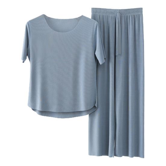 Summer Women Pajamas Seamless Ice Silk Round Neck Short Sleeve Solid Color Elastic Waist Wide Leg Loose Soft Breathable Homewear Top Pants Set