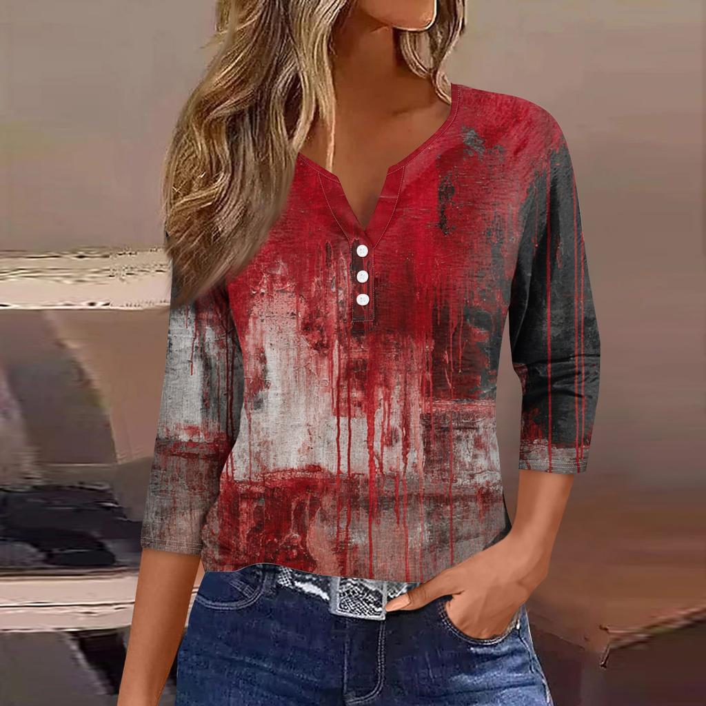 Damesmode Casual Halloween Print V-hals Korte Mouw Decoratieve Knop Driekwart Mouw T-shirt Top