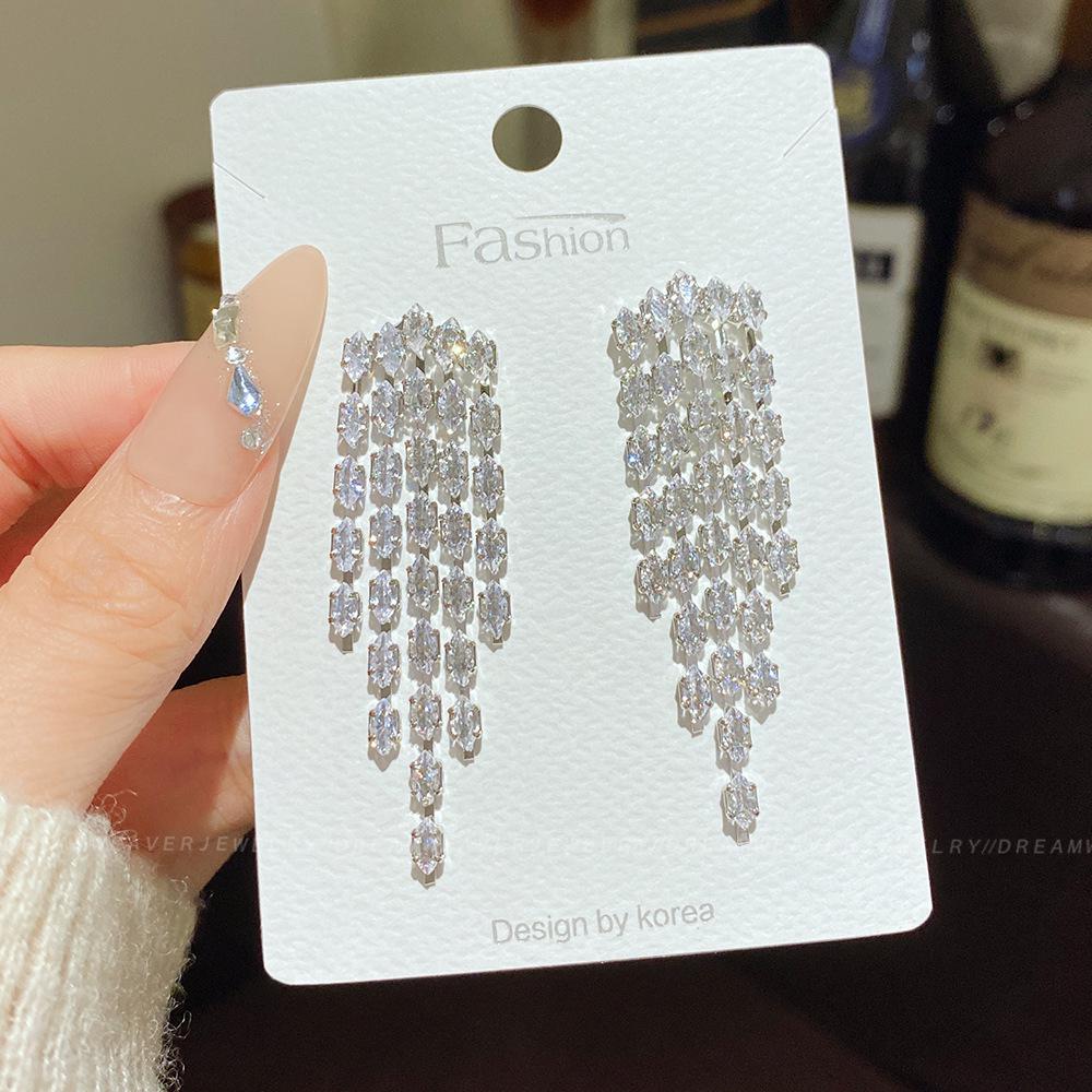 925 Sterling Silver Full Diamond Tassel Earrings – High-End European & American Style, Super Shiny, Luxurious Ear Jewelry for Women.