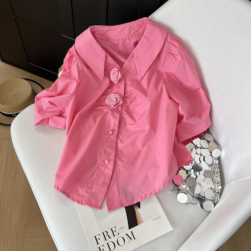 

Design sense niche polo collar pleated bubble sleeve shirt 2025 summer new temperament slim top women XXXL [recommended 138-75kg] розы красного