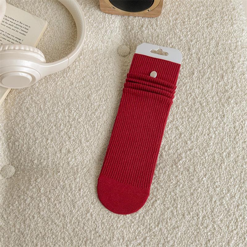 Female Autumn and Winter Plain Color Micro Pressed Buttons In The Tube Pile Socks