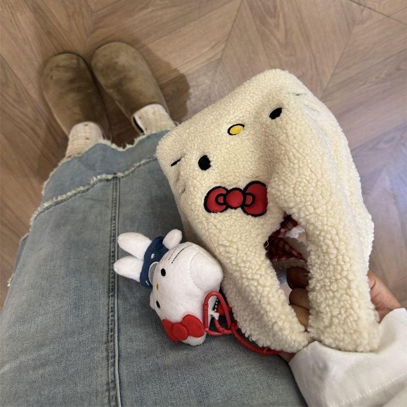 Winter Soft Embroidered Lamb Fur Small Handbag Cute Kitty Handbag Sundries Storage Bag Commuter Bag