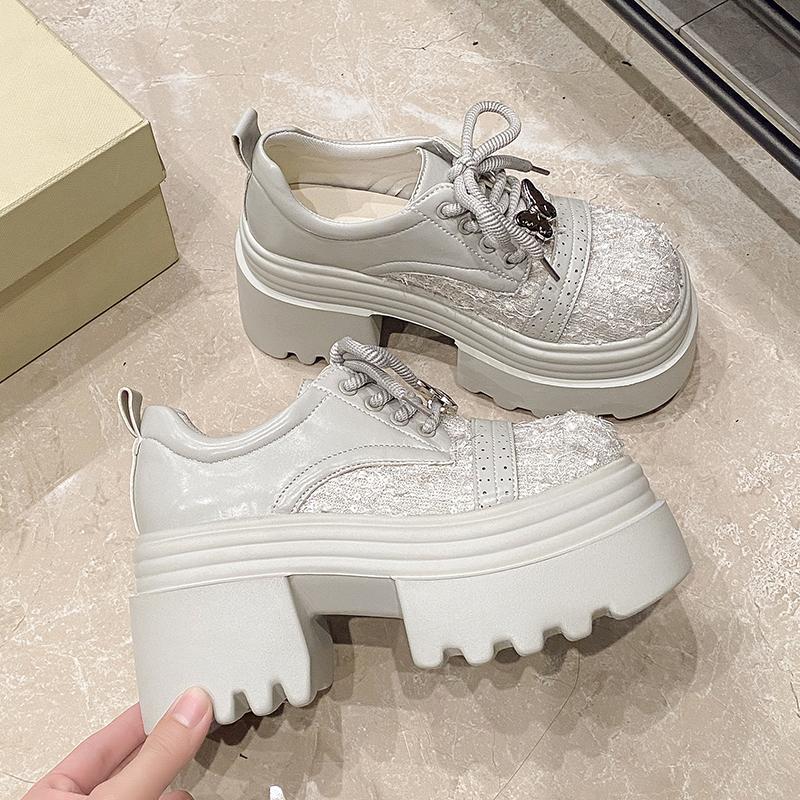 Fashion 9.5CM Spring Women Bling High Heels New 2025 Platform Casual Walking Shoes Non-slip Wedges Leather Chunky Sneakers Lace-up Pumps