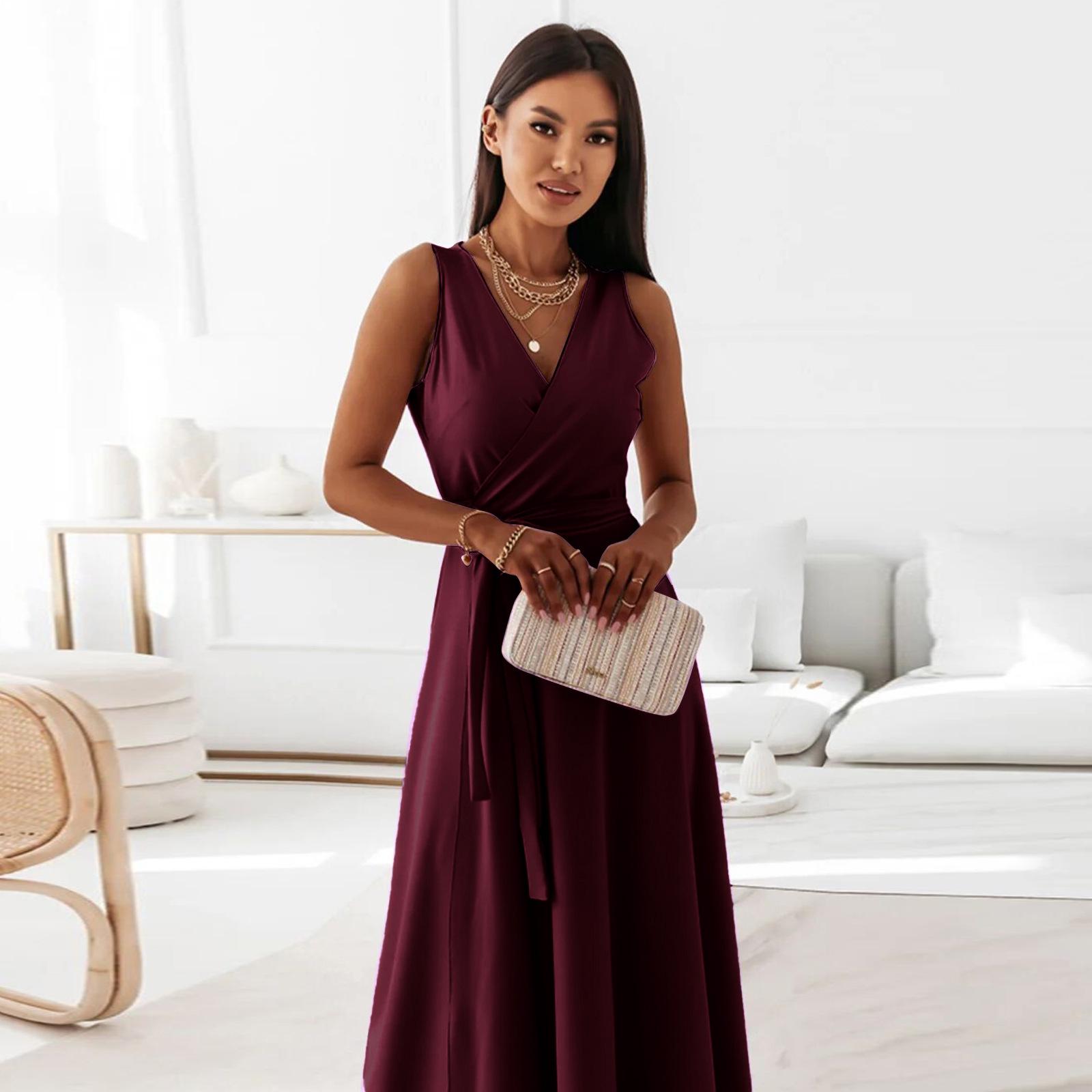 

2026 Summer Solid Color V-Neck Long Evening Dress S темно-красного