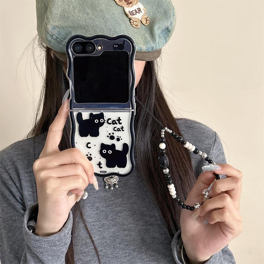For Samsung Galaxy Z Flip5/6 Cover,Cartoon Black Cats Pattern Clear Fold Phone Cover with Key Chain for Women Girls,Cute Galaxy Z Flip 6 Case (Z Flip