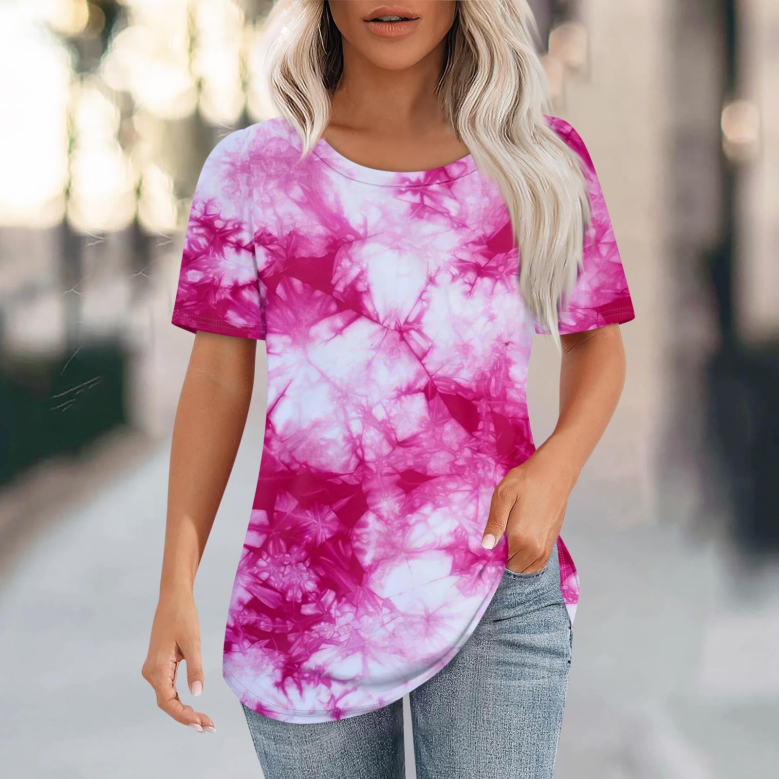 

Футболки для жінок плісировані з круглим вирізом Одягнені повсякденні блузки з принтом з короткими рукавами Літні топи вільного крою S