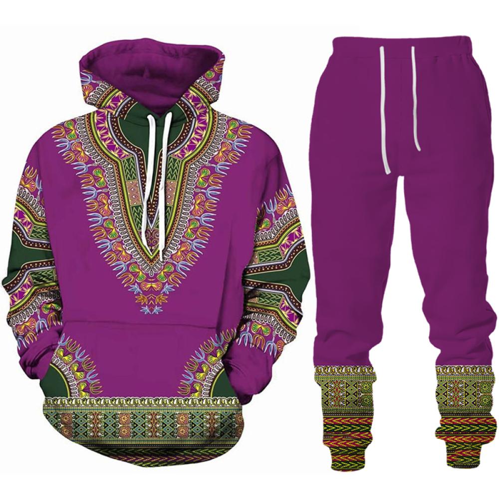 Afrikanischer Dashiki-Hoodie/Anzug für Herren, lässig, 3D-gedruckt, Ethno-Stil, Sweatshirt, Hose, Set für Herren/Damen, Folk-Custom Streetwear-Trainingsanzug