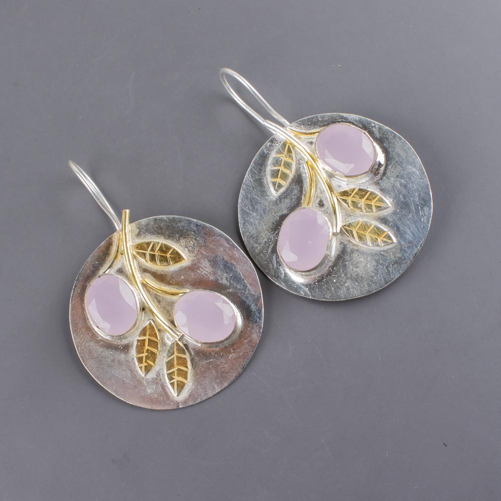 Náušnice s drahokamem růžový chalcedon, Ručně vyráběné šperky z masivního sterlingového stříbra 925, Designové stříbrné náušnice dárek pro sestru