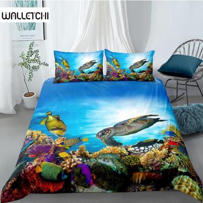 Juego de Funda Nórdica Ocean Tamaño Queen Doble Poliéster Animales Marinos Peces Tortuga y Color Arcoíris Coral Estampado Funda Nórdica