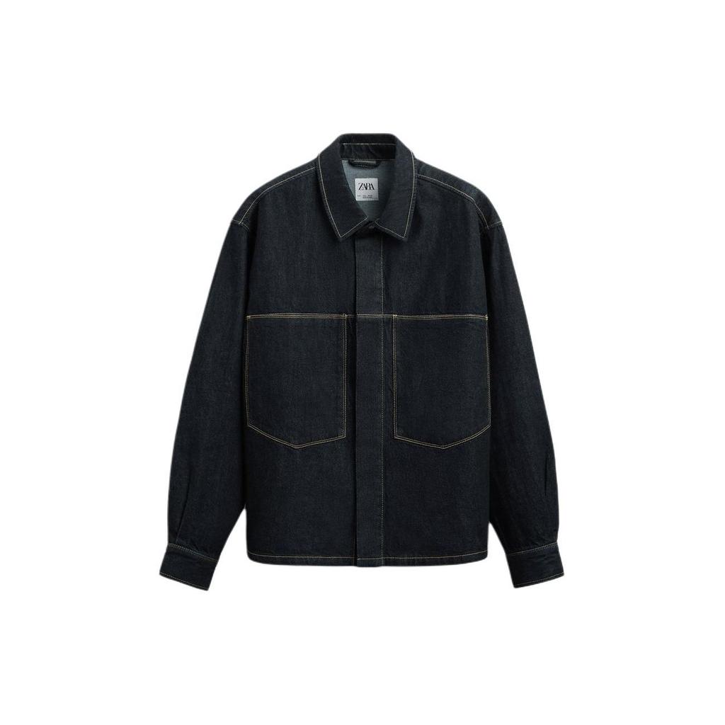 Zara Ss24 Year Of The Dragon Limited Edition Pocket Design Single-Breasted Square Neck Denim Long Sleeve Shirt Men Shirts Blue 7627408-400