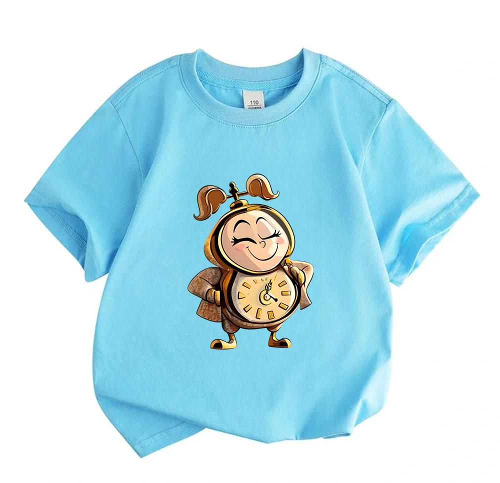 Kids Boys Girls 100% Cotton Crew Neck Short Sleeve T-Shirt, Cute Cartoon Clock Girl Printed Casual Soft Tee for Daily Wear