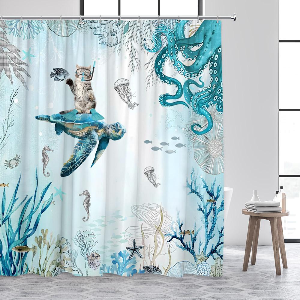 Ocean Sea Turtle Shower Curtain Seahorse Starfish Seagrass Fish Animals Underwater Scenery Fabric Bathroom Curtains Decor Set
