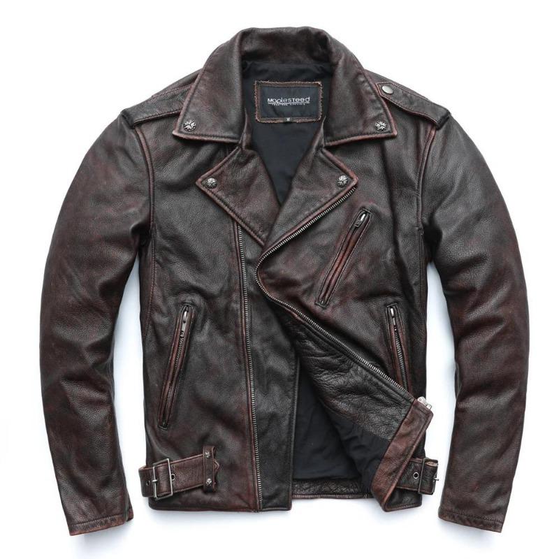 Chinese Size Vintage Motorcycle Jacket Men Genuine Leather Jackets 100% Cowhide Leather Coat Winter Biker Jacket Moto Clothing