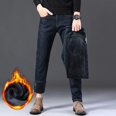 Men's Straight-Leg Stretch Denim Trousers with Fleece Lining for Autumn/Winter Thickened for Winter Warmth Middle-Aged Casual Black Men's Trousers