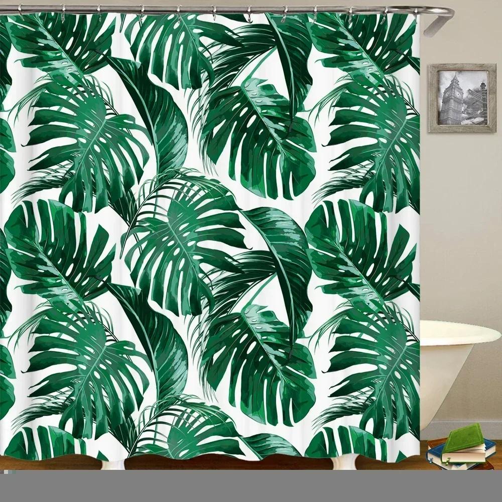 3D Printed Green Tropical Plants Shower Curtains Bathroom Waterproof Polyester Leaves Bath Curtain Shower Curtain Bath Screen