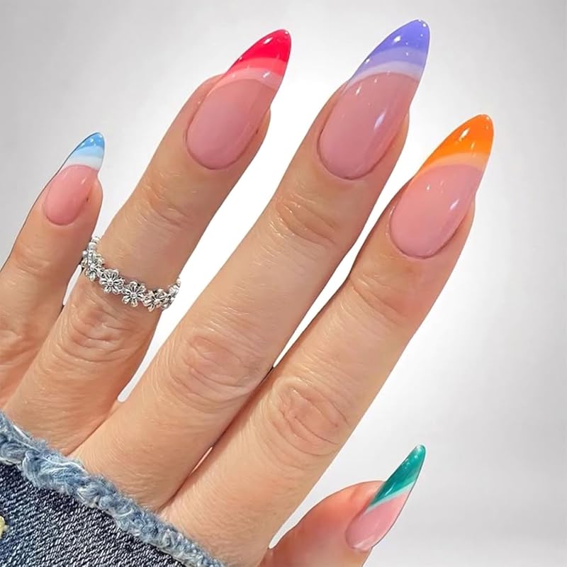 Black Yellow French Tip Press on Nails with Flower Design Long Almond Natural Glue on Nail Glossy Acrylic False Nails Reusable Artificial Stick on