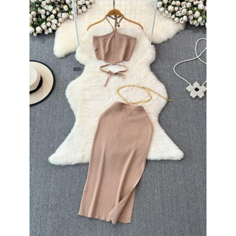 Seaside Vacation Hanging Neck Dress Women Spring Backless Mature Royal Sister Temperament Beautiful Chic Beautiful Set Skirts