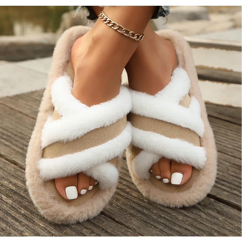 Fashion Fashion Fluffy Cross Strap House Slippers for Women Autumn Winter Warm Furry Slides Shoes Woman Indoor Comfort Flat Fur Slippers
