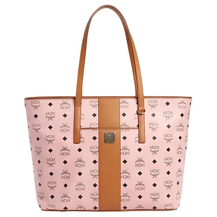 

New MCM Toni Visetos Canvas Tote Bag, Shopping Bag, Shoulder Bag Women s Light Mist Pink With Cognac MWPBAF001PZ001 35.6*12.7*30.0CM