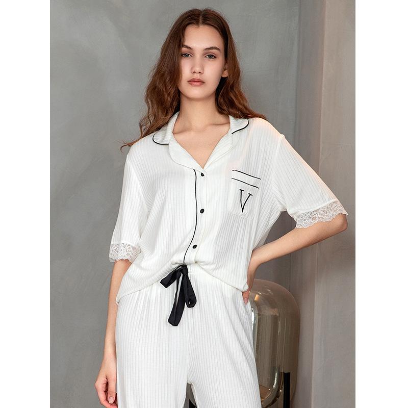 Women's Summer Cool Feeling Short Sleeve Loungewear Shorts Set Solid Colour Modal Cotton Loose Lace Pajama Set