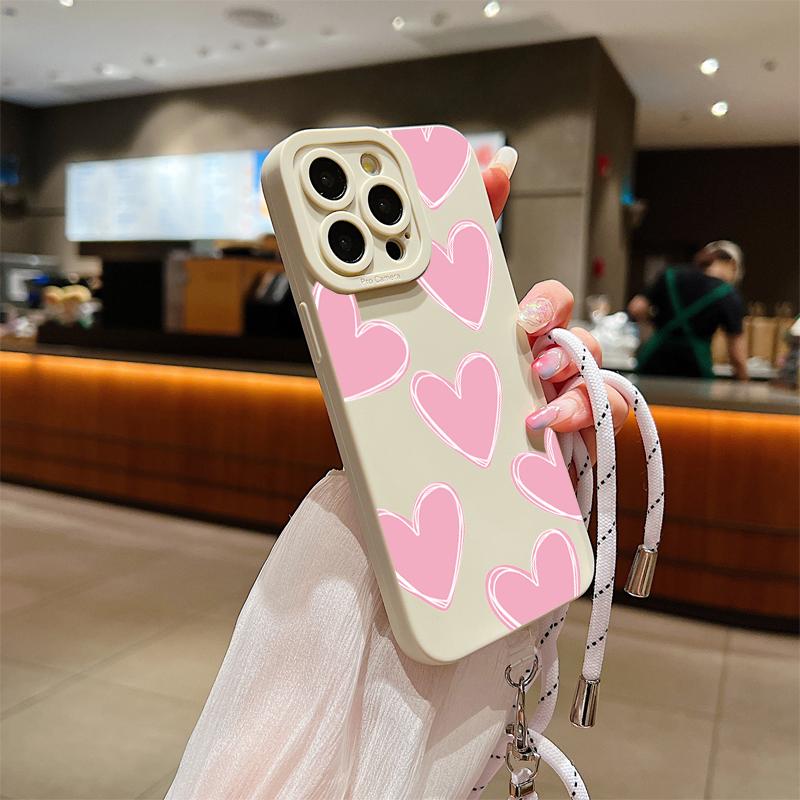 Full Screen Love Heart Lanyard Strap Phone Case For iPhone 15 14 13 12 11 Pro Max X XS XR 7 8 Plus SE  Silicone Soft Cover