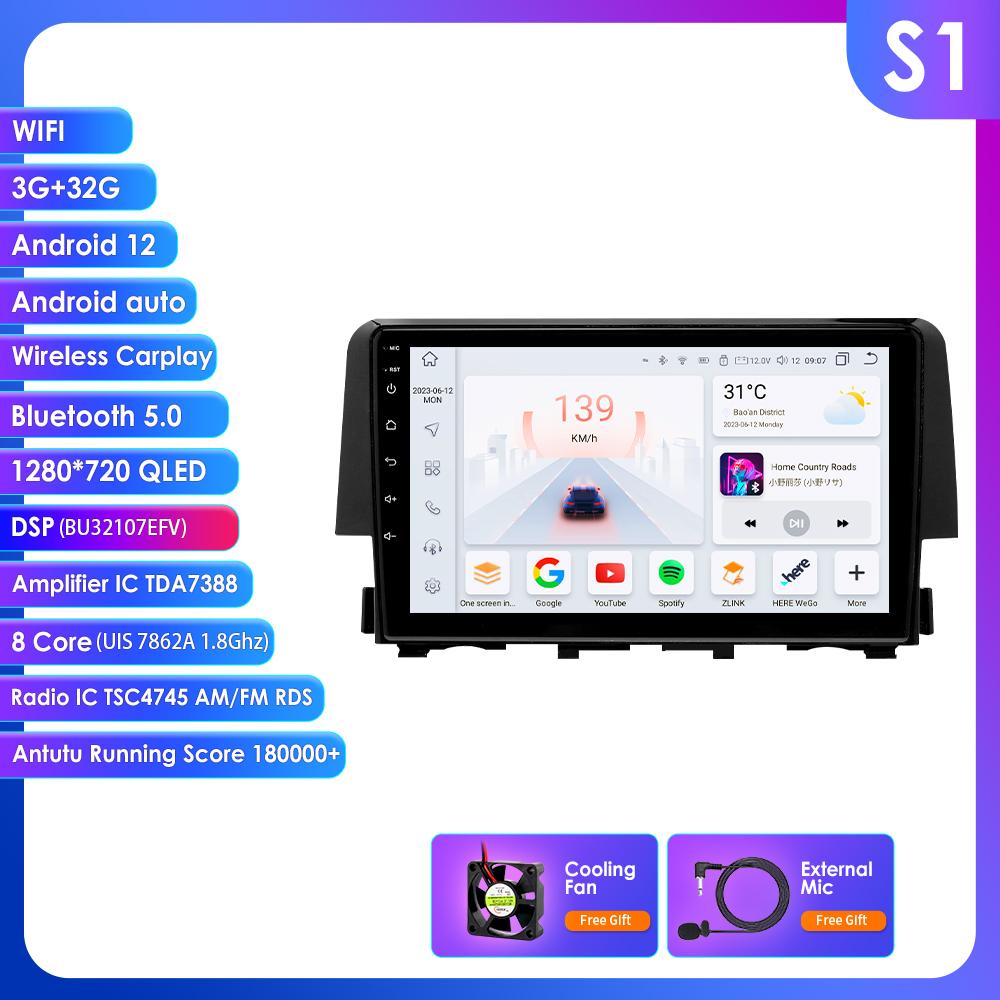 

OSSURET 2din Android Автомагнитола для Honda Civic 10-го поколения 2015 - 2021 Авторадио Мультимедийный Видеоплеер GPS Навигация Головное Устройство Интеллектуальный Carplay 4G BT S1 8Core 3G 32G