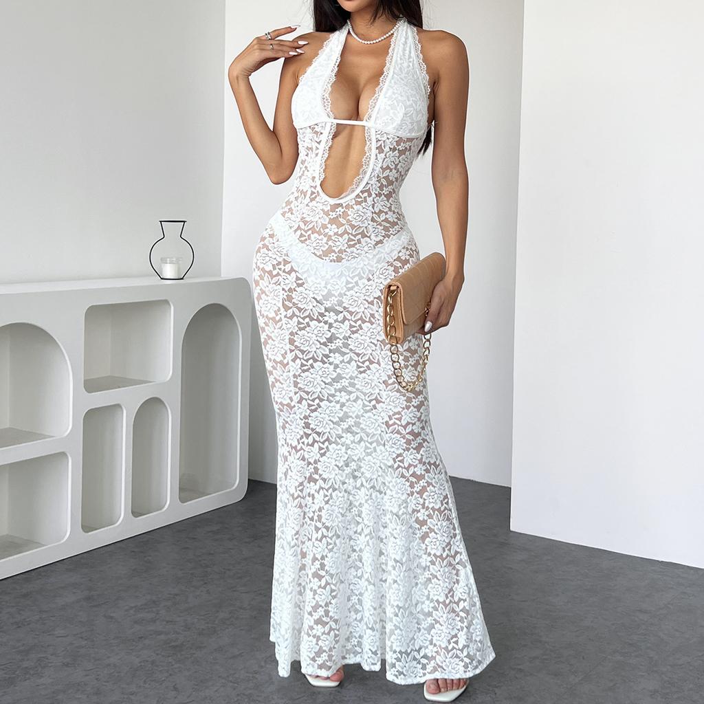 Women's Sexy Solid Color Halter Neck Hollow Out Sheer Lace Slim Fit Mermaid Maxi Evening Party Dress