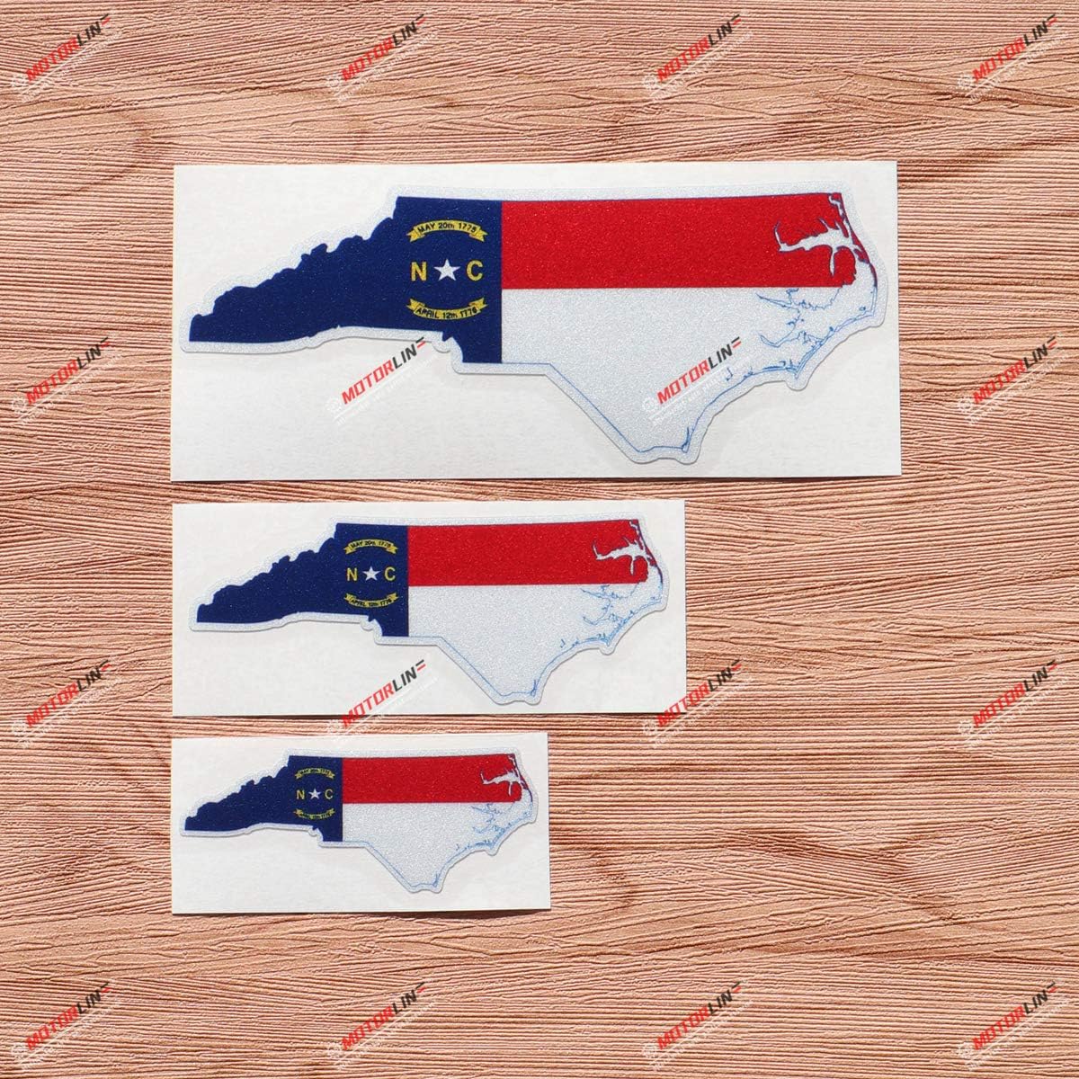 North Carolina State Flag Map Outline Vinyl Decal Sticker - 3 Pack Reflective, 3 Inches, 4 Inches, 6 Inches - for Car Boat Laptop Cup Phone