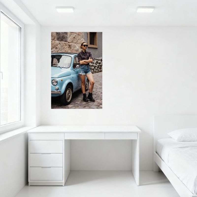 Sexy Woman Vintage Car Cobblestone Street Tin Sign - Plaid Shirt Denim Shorts Combat Boots Wall Decor Metal Poster for Bar Home