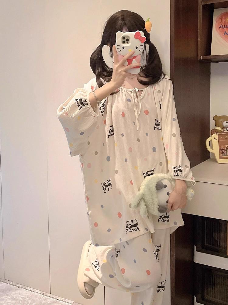Women's Cloud Cotton Pajama Set: Long Sleeve Round Neck Pullover and Pants for Spring and Autumn.