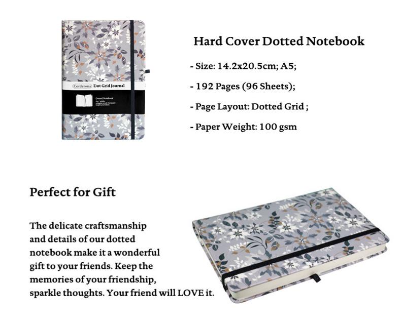 A5 Grey Floral Bullet Journal with Elastic Band & Pocket - Dot Grid & Lined Notebook Planner, Hardcover