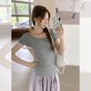 Korean High-end Temperament One-word Collar Showing Clavicle and Thin Knitted Short-sleeved Women's Summer Versatile Pure Desire T-shirt Top