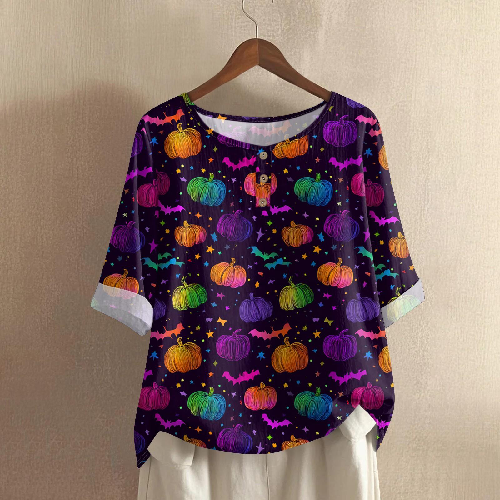

Женский повседневный топ с рукавами средней длины, круглым вырезом, с принтом на Хэллоуин, из хлопка и льна XXL фиолетовый