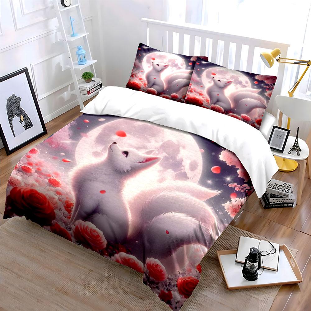 Enchanting Fox Amidst Moonlit Blossoms Duvet Cover Set With 3D Printing Design Soft Polyester Bedding Set All-Season Comfort