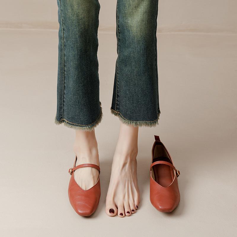 Kožené babičkovské boty na silném podpatku s páskem Mary Jane, francouzská čtvercová špička, dámské boty na středním podpatku, nové jarní a podzimní univerzální dámské boty