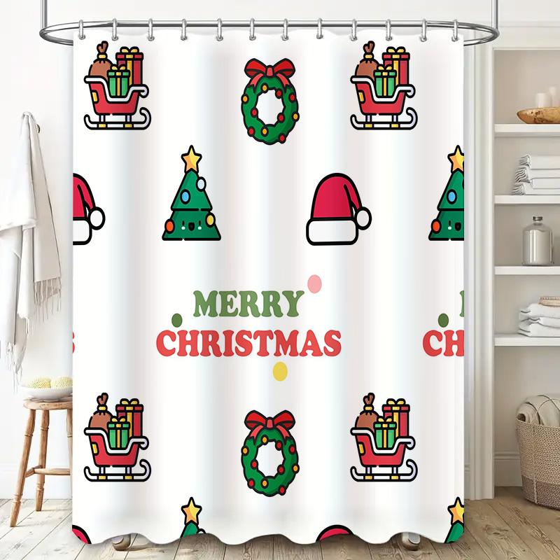 Weihnachts-Duschvorhang Frohe Weihnachten Dekorationen Weihnachtsmann, Zuckerstangen-Lichter Rutschfester Wasserdichter Badteppich Abdeckungsset für B