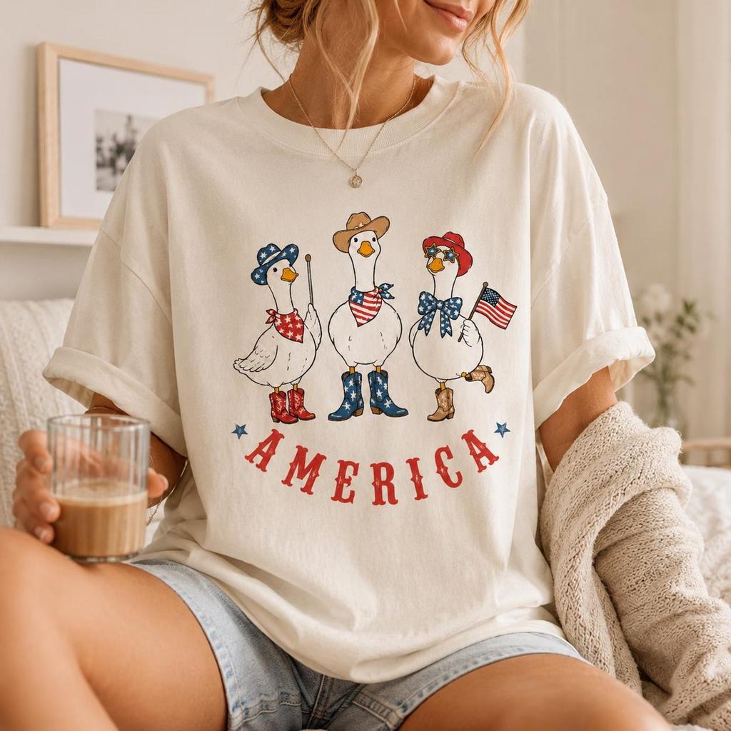 America Duck Shirt Patriotic Goose July 4th Tee, White Comfort Colors T Shirt, USA 250 Gift for Women Summer Outfit, Memorial Day Party