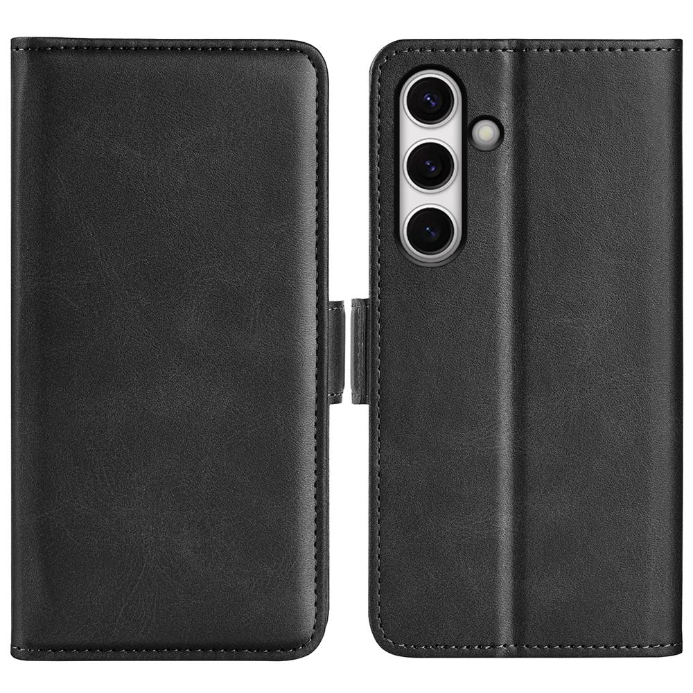 

For Samsung Galaxy S24 FE Stand Case Calf Texture Leather Phone Cover with Wallet Black