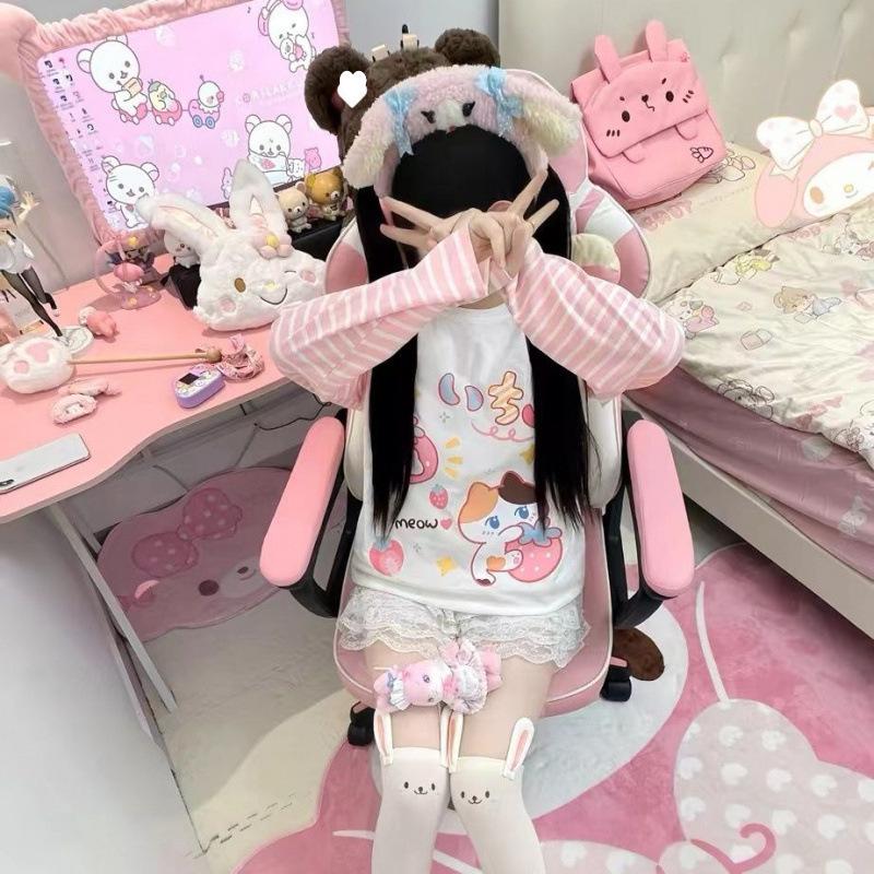 Kawaii Kreslené Tričko Hip Hop Růžové Tričko Přítel Korea Tričko Dlouhý Rukáv Volné Pruhované Tričko Streetwear Podzimní Topy Dívka