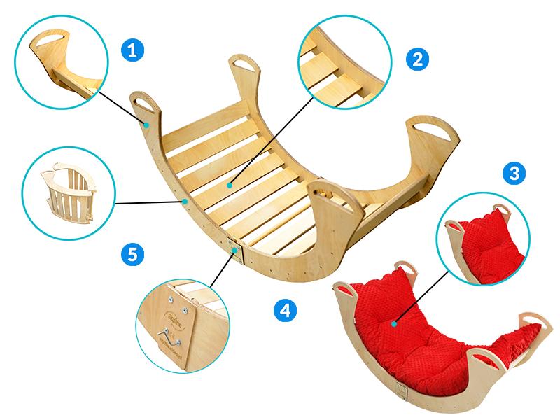 Montessori Wooden Rocker With Cushion For Children, Solid Varnished Polish
