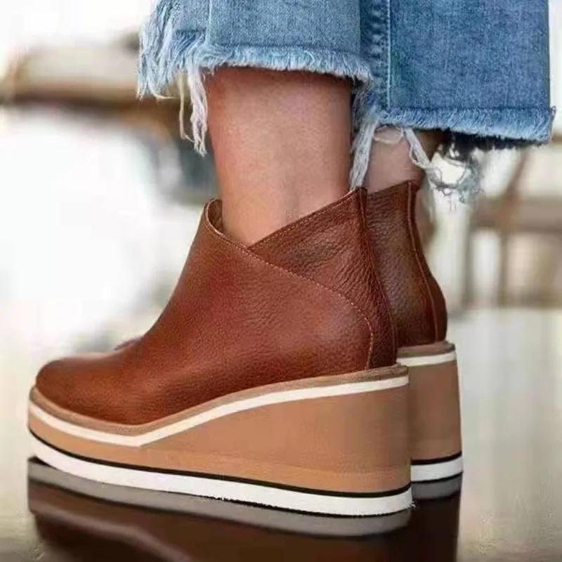 New Wedges Women's Boots Retro Women's Ankle Boots Trend Round Head Platform Boots Comfortable Zipper Fashion